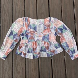 American Eagle Cotton Patchwork Babydoll Blouse Size XS Boho Y2K Fairycore